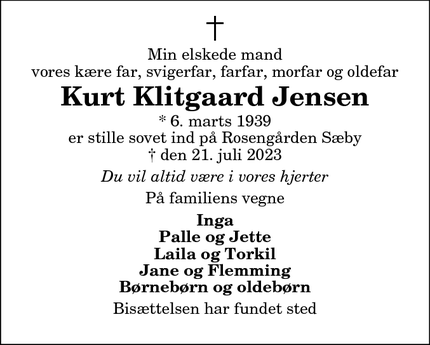Dødsannoncen for Kurt Klitgaard Jensen - 9300 Sæby