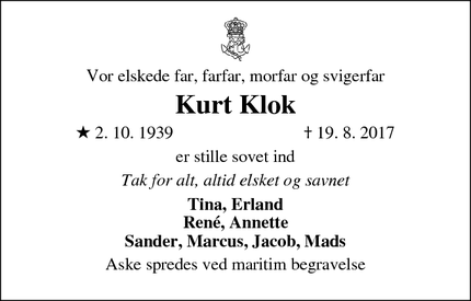 Dødsannoncen for Kurt Klok - Randers