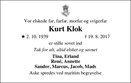 Dødsannoncen for Kurt Klok - Randers