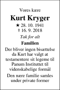 Dødsannoncen for Kurt Kryger - Frederiksværk