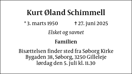 Dødsannoncen for Kurt Øland Schimmell - Dronningmølle