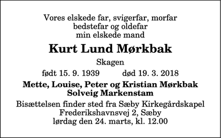 Dødsannoncen for Kurt Lund Mørkbak - Skagen