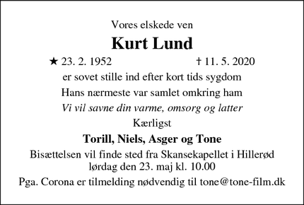 Dødsannoncen for Kurt Lund, Virksomhedskonsulent / Jobcenter Hiller - Birkerød