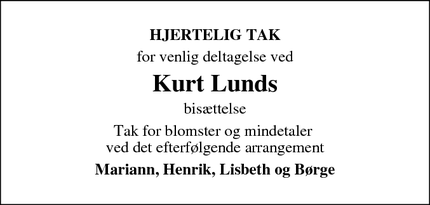 Dødsannoncen for Kurt Lunds - Randers