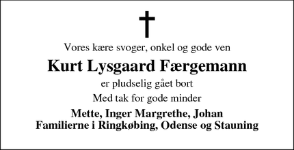Dødsannoncen for Kurt Lysgaard Færgemann - Holstebro