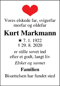 Dødsannoncen for Kurt Markmann - 2950 Vedbæk