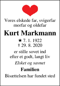 Dødsannoncen for Kurt Markmann - 2950 Vedbæk