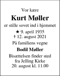 Dødsannoncen for Kurt Møller - Lyngby