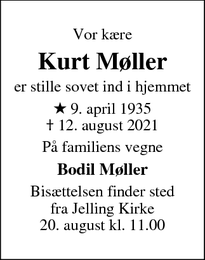 Dødsannoncen for Kurt Møller - Lyngby