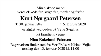 Dødsannoncen for Kurt Nørgaard Petersen - Viborg