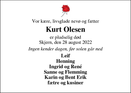 Dødsannoncen for Kurt Olesen - Rinkøbing