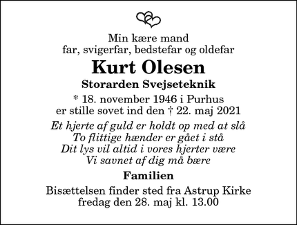Dødsannoncen for Kurt Olesen - Arden