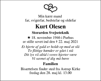 Dødsannoncen for Kurt Olesen - Arden