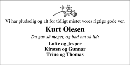 Dødsannoncen for Kurt Olesen - Skjern 