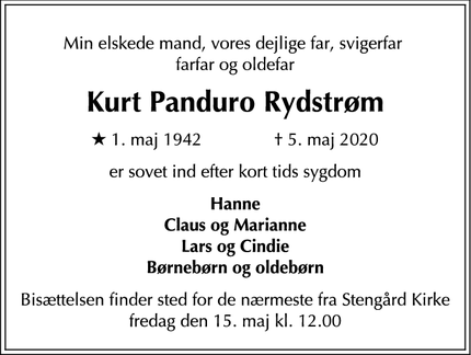 Dødsannoncen for Kurt Panduro Rydstrøm - Kgs. Lyngby