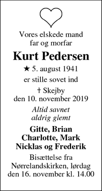 Dødsannoncen for Kurt Pedersen - Holstebro