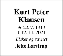 Dødsannoncen for Kurt Peter
Klausen - Tåstrup