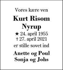 Dødsannoncen for Kurt Risom
Nyrup - Ringkøbing