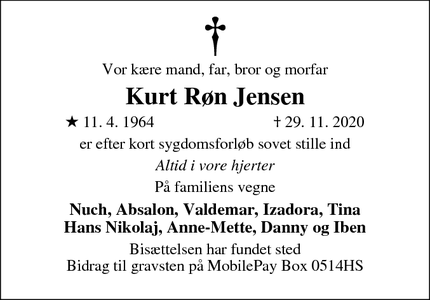 Dødsannoncen for Kurt Røn Jensen - Struer