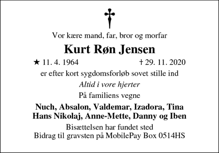 Dødsannoncen for Kurt Røn Jensen - Struer