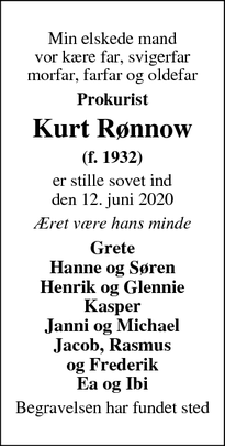Dødsannoncen for Kurt Rønnow - Vejle