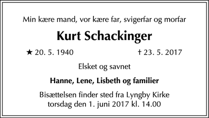 Dødsannoncen for Kurt Schackinger - Kgs. Lyngby