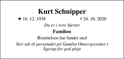 Dødsannoncen for Kurt Schnipper - Jyllinge