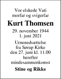 Dødsannoncen for Kurt Thomsen - Svendborg