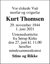 Dødsannoncen for Kurt Thomsen - Svendborg