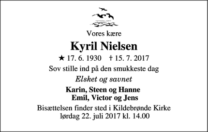 Dødsannoncen for Kyril Nielsen - Karlslunde Strand