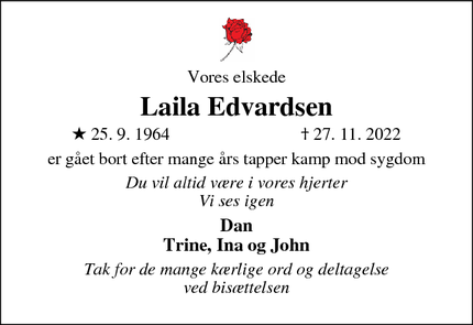 Dødsannoncen for Laila Edvardsen - Kastrup