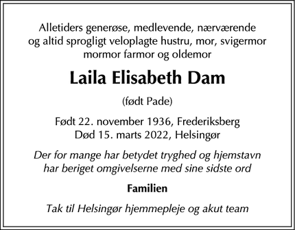 Dødsannoncen for Laila Elisabeth Dam - Helsingør