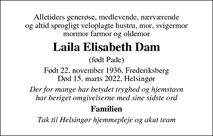 Dødsannoncen for Laila Elisabeth Dam - Helsingør