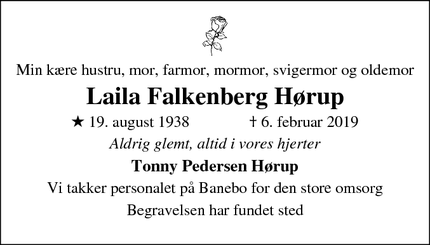 Dødsannoncen for Laila Falkenberg Hørup - Viborg