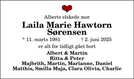 Dødsannoncen for Laila Marie Hawtorn Sørensen - Nykøbing 