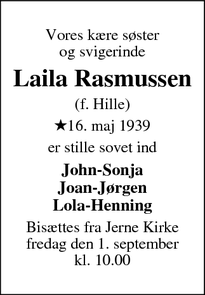 Dødsannoncen for Laila Rasmussen - Esbjerg