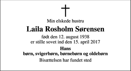 Dødsannoncen for Laila Rosholm Sørensen - Odder