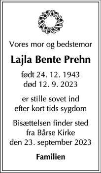 Dødsannoncen for Lajla Bente
Prehn - Bårse