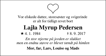 Dødsannoncen for Lajla Myrup Pedersen - farsø