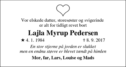 Dødsannoncen for Lajla Myrup Pedersen - farsø