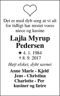 Dødsannoncen for Lajla Myrup Pedersen - Farsø