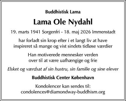 Dødsannoncen for Lama Ole Nydahl - Immenstadt