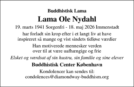 Dødsannoncen for Lama Ole Nydahl - Immenstadt