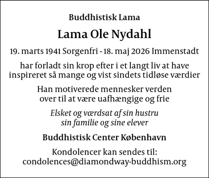 Dødsannoncen for Lama Ole Nydahl - Immenstadt