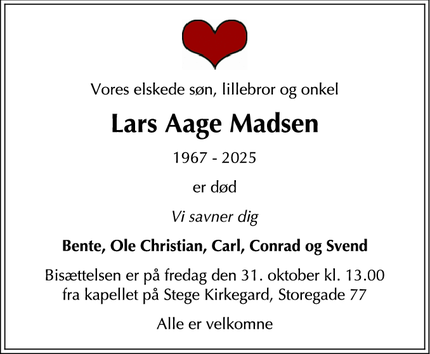Dødsannoncen for Lars Aage Madsen  - Ringsted