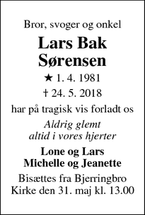 Dødsannoncen for Lars Bak Sørensen - Ulstrup