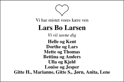 Dødsannoncen for Lars Bo Larsen - Ikast