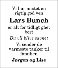 Dødsannoncen for Lars Bunch - Thisted