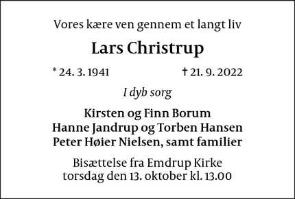 Dødsannoncen for Lars Christrup - København
