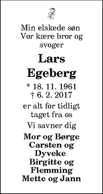 Dødsannoncen for Lars Egeberg - Bedsted Thy